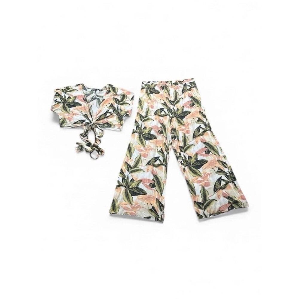 Plus Size 2 Piece Set Wrap Blouse & Wide Leg Pants Womens 3X Tropical Resortwear